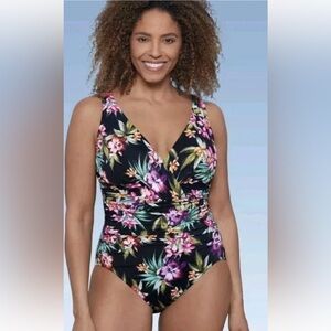 Aqua Green Women's V-Neck Shaping Swimsuit Black Floral SZ-10 NWOT